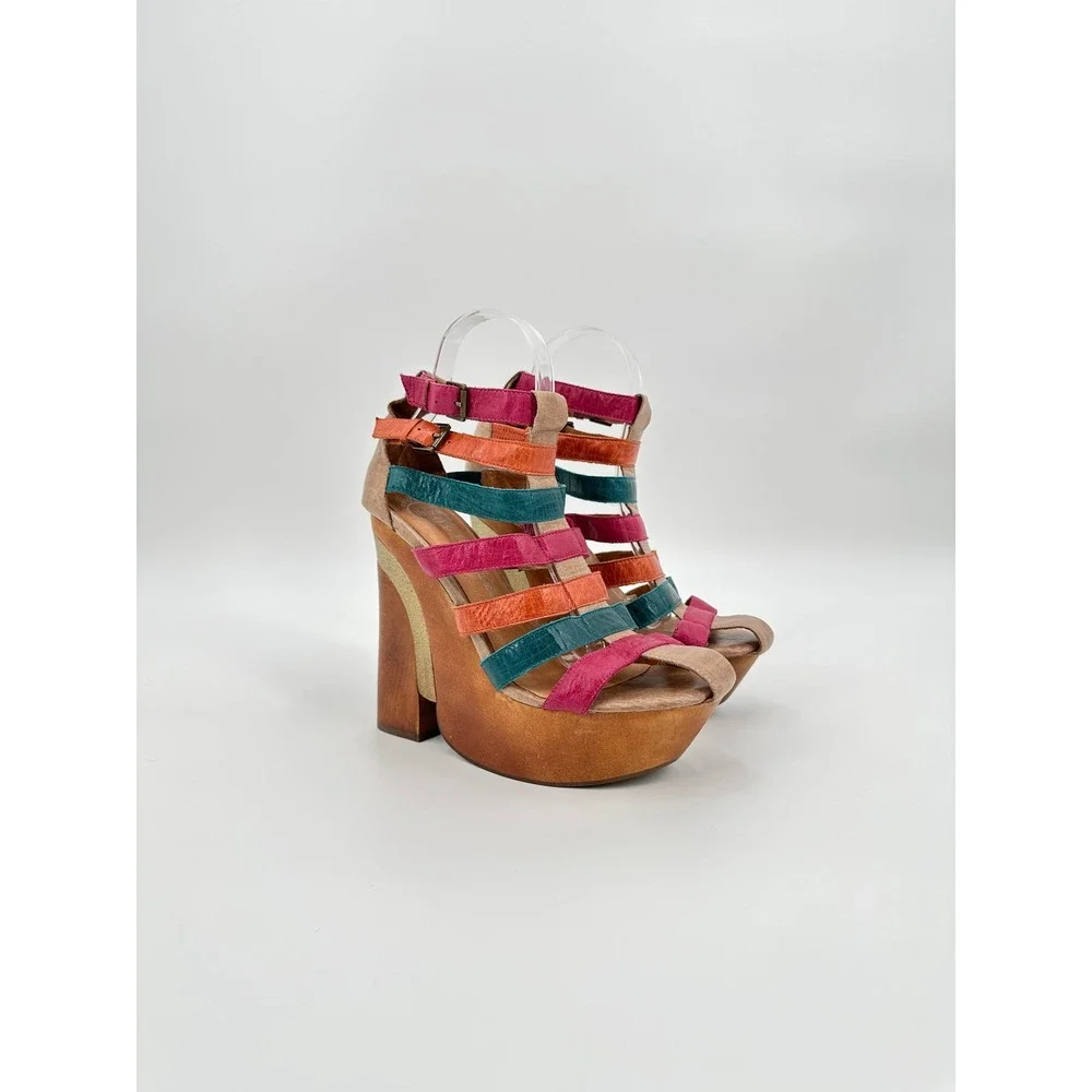 Jeffrey Campbell Ibiza Last Multi Color Leather Strappy Wood Platform Sandal 7.5